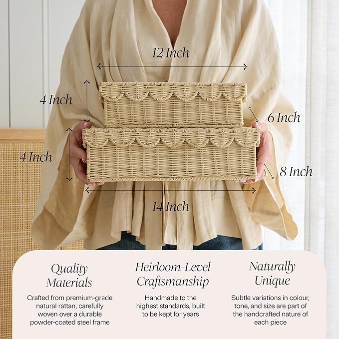 BEBE BASK Stackable Decorative Storage Boxes with Lid, Set of 2-14×8×4 in | Handwoven, Scalloped Wicker Basket for Home Decor, Baby Keepsake Box & Memory Box for Keepsakes for Nursery