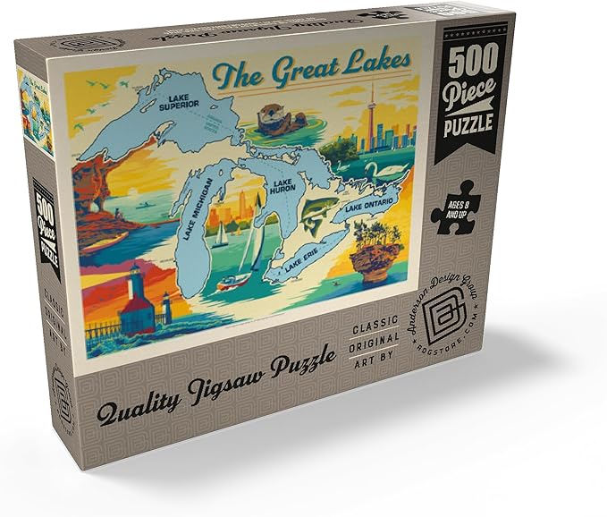 MyPuzzle The Great Lakes Illustrated Map and Landmarks - Premium 500 Piece Jigsaw Puzzle for Adults