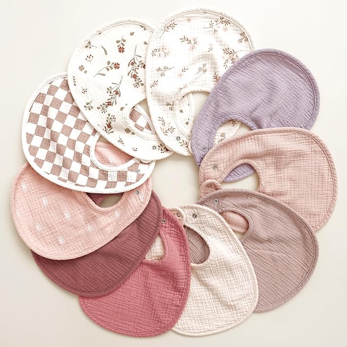 Konssy 10-Pack Muslin Baby Bibs, Soft Cotton Bandana Bibs for Drooling & Teething, Unisex Solid Colors for Boys & Girls, Newborn & Infant, Perfect Shower Gift