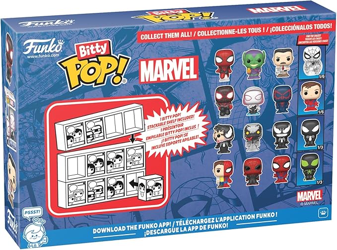 Funko Pop! Bitty: Spider-Man - Miles Morales, Ghost Spider, Spider-Man 2099, and Mystery Chase Figure - 0.9 Inch (2.2 Cm) - Marvel Comics Collectable - Stackable Display Shelf Included - Gift Idea