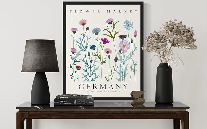 Germany, Cornflower Art Print Poster, Flower Market Wall Art, Floral Artwork Decor for Bedroom, Kitchen, Bathroom, Livingroom Decoration 52 (Germany, Cornflower, 14" L x 11" W, Black Frame)