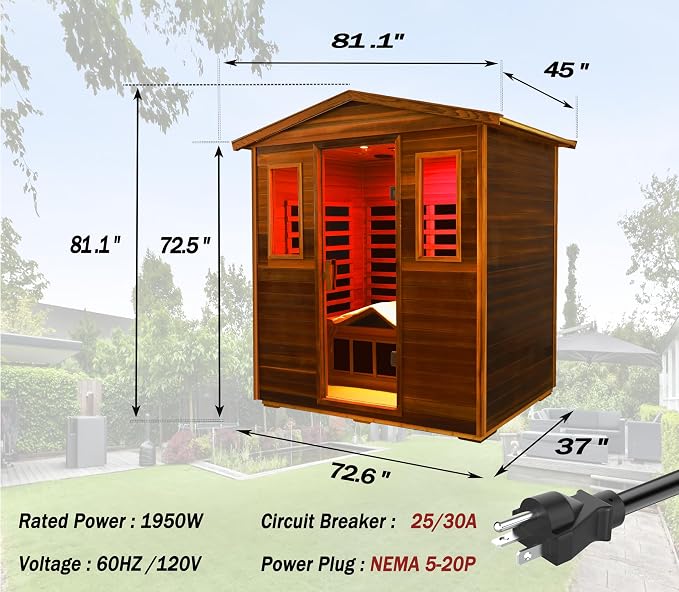 LTCCDSS Full Spectrum Ultra-Low EMF Outdoor Sauna 3-Person, Red Cedar Far Infrared Saunas for Home, Near&Mid-IR Light, EMF 0.1-3mG, Bluetooth & Chromotherapy