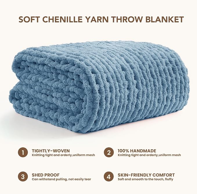 L'AGRATY Chunky Knit Throw Blanket for Couch, 50 x 70 Inches, Airy Blue | Handmade Chenille Crochet Blanket for Sofa Bed, Thick Cable Knitted Blankets for Room Home Decor, Birthday Gift for Women Mom