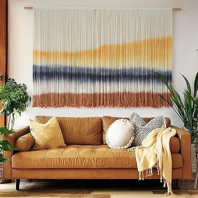 Flber Macrame Wall Hanging Extra Large Dip Dye Boho Wall Decor 57" W*35" L | Extra Large Wall Hanging, Hand Dyed Fiber Art, Gradient Color Design, for Living Room, Boho Decor, Cozy Home Accent