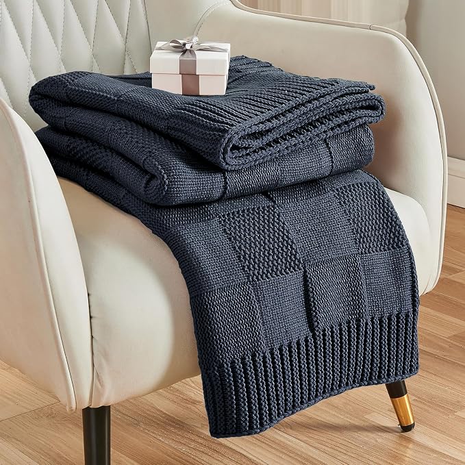 CozeCube Navy Blue Knitted Checkered Throw Blanket 50"X60" | Check Knit Throw for Couch, Decorative Christmas Soft Cozy Warm Blanket for Bed Sofa Living Room