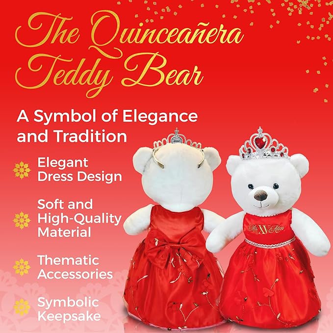 Quinceañera Teddy Bear 18-inches Tall with Dress for 15th Birthday, Quince Bear with Matching Crown, Ideal Keepsake for 15th Birthday, Mis XV Años - Red