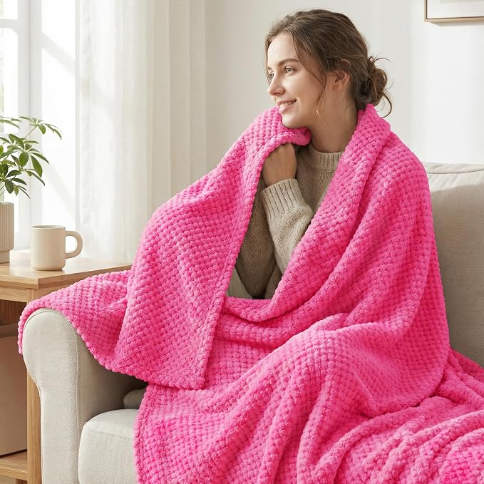 Exclusivo Mezcla Large Waffle Fleece Throw Blanket for Couch, Hot Pink | Lightweight Soft Blanket for Sofa, Bed, Living Room, Plush Fluffy Throw for Home Decor, Travel, All Season, 50x70 Inches