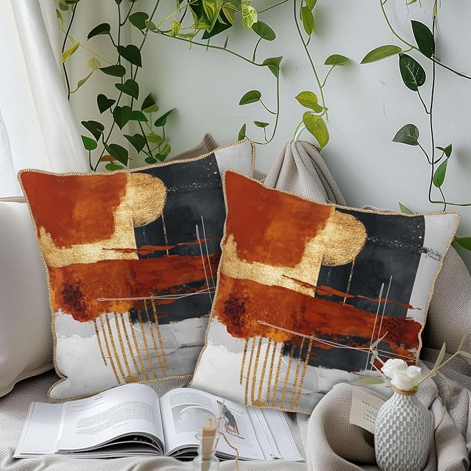 Retro Burnt Orange Gold Velvet Pillow Covers 16x16 Inch Abstract Rust Gray Black Throw Pillows For Couch Cushion Covers Pillowcase Rustic Farmhouse Pillow Cases for Sofa Bed Living Room Outdoor