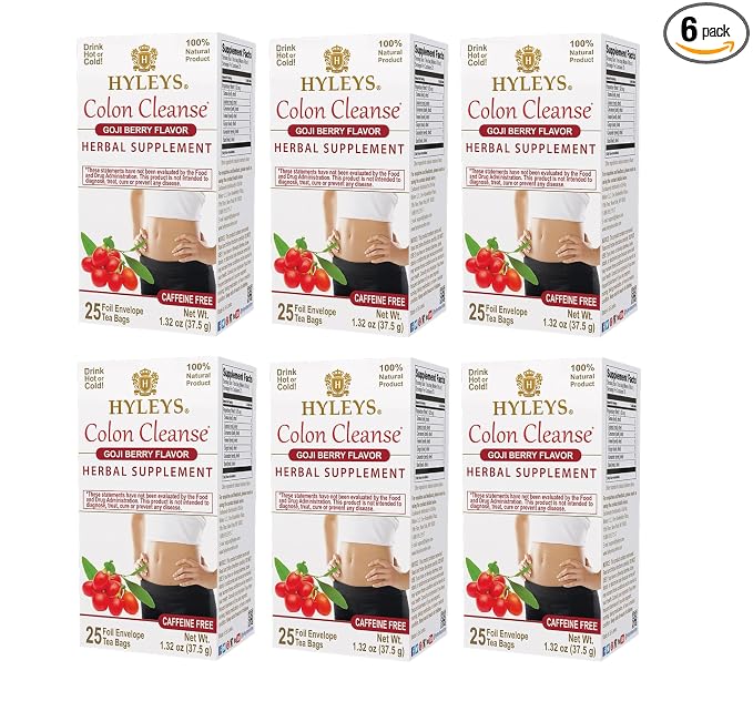 HYLEYS Colon Cleanse Tea, Goji Berry Flavor - 150 Individually Wrapped Herbal Tea Bags (6 Pack of 25) - Caffeine Free, Plant Based