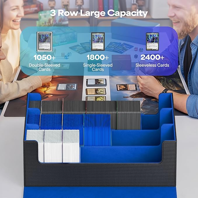UAONO Trading Card Storage Box, Holds 1800 Sleeved Cards with 10 Dividers & 3 Stoppers, Magnetic Closure PU Leather Card Case for MTG, PTCG, YGO, Sports Cards (Black&Blue)