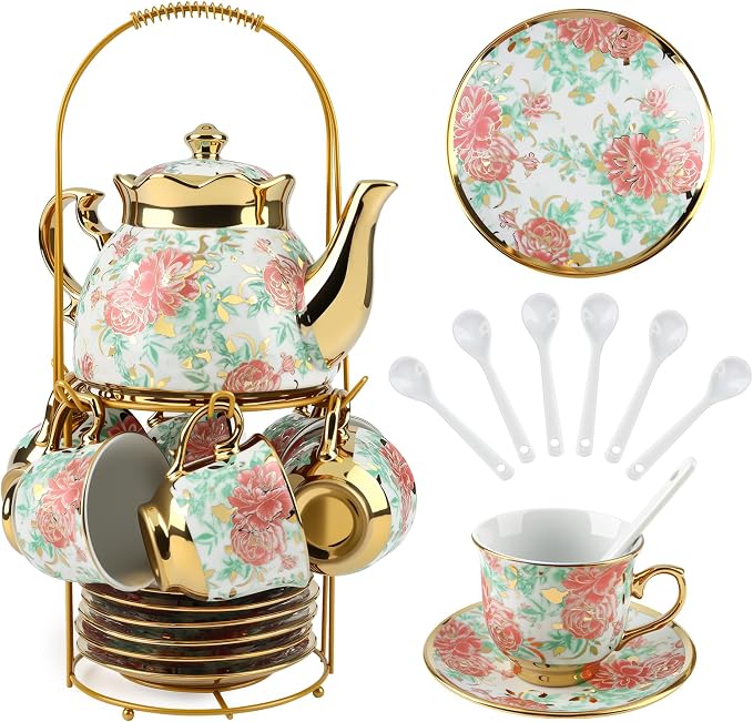 20 Pcs Porcelain Tea Set with Metal Holder, Adult Tea Set Gift, European Ceramic Tea Set for Adults, Flower Tea Cup Saucer Set for Party With Gold Flower Painting (Vibrant Green)