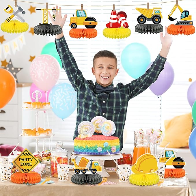 Threan 9 Pieces Construction Party Centerpieces Honeycomb Car Truck Zone Centerpieces 3D Table decorations for Baby Shower Birthday Party favors Supplies