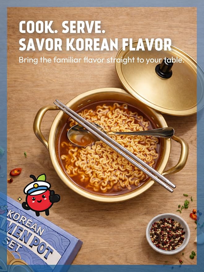Korean Ramen Pot Set, Gold, Lid, Spoon, 900ml, 30.7oz | For Shin Ramyun, Fast Heating Stovetop, Double Handle, 304 Stainless Steel, Chopsticks Included, Dorm and Camping