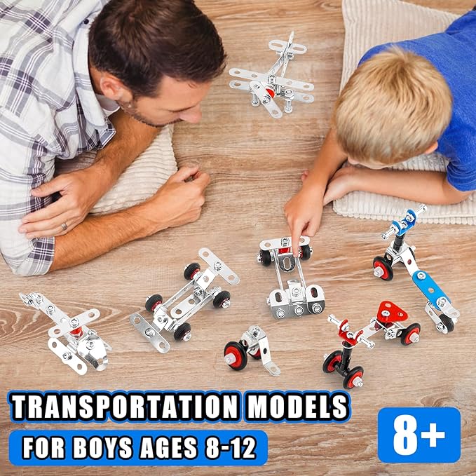 Erector Set Metal Transportation Toys,231 Pcs Cars, Airplane&Bicycle 6 Metal Model Set,Building Kits for Boys 8-12,Stem Project Building Assembly Vehicles,Christmas Toddler Kids Boys Gifts