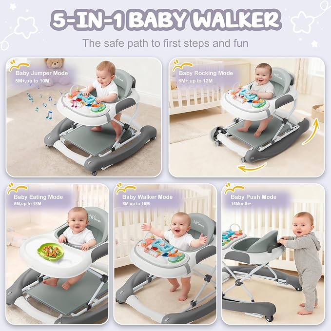 5-in-1 Foldable Baby Walker，Music and Lights Baby Walker with Wheels,Height Adjustable Infant Walker, with Activity Center, Rocker, Bouncer,Push Walker & Feeding Tray for Babies 6-18 Months (Gray)
