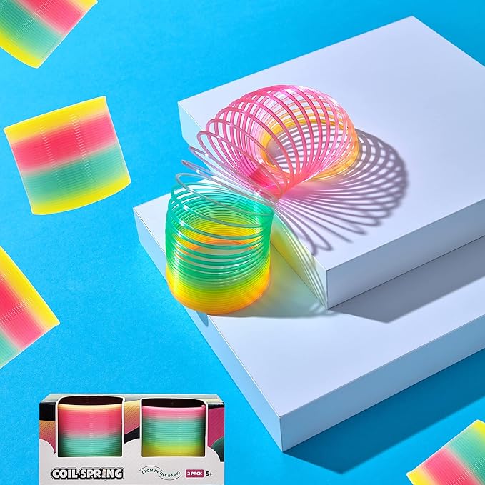 The Dreidel Company Plastic Coil Spring, Glow-In-The-Dark Magic Rainbow Slingy, Party Favor, Birthday Bag Filler, Stocking Stuffers, 3" (80MM) (2-Pack)