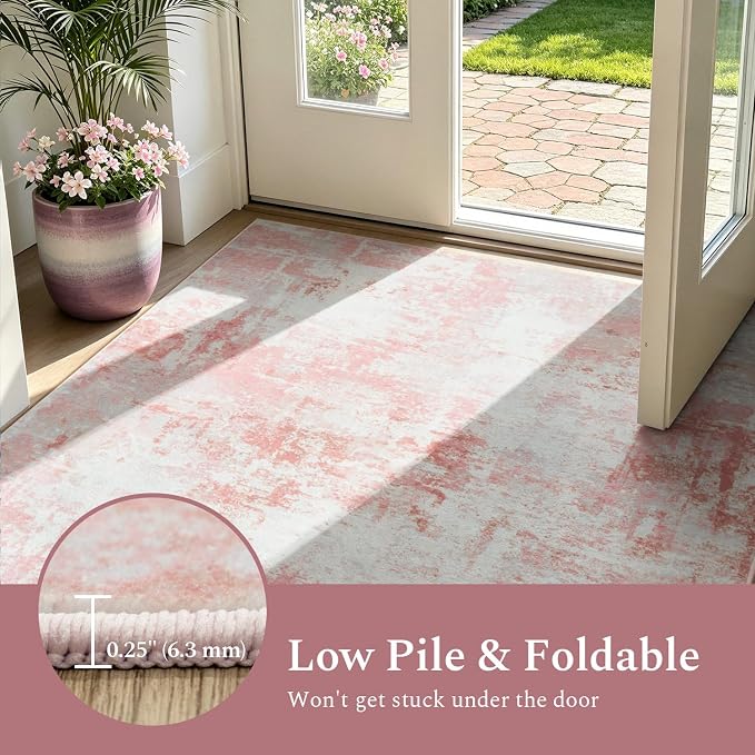 Rugflix 5x7 Area Rugs for Living Room, Washable Pink White Large Rug | Machine Washable; Stain-Resistant; Low Pile; Non-Slip; Modern Abstract; Carpet for Bedroom Dining Office Nursery Home