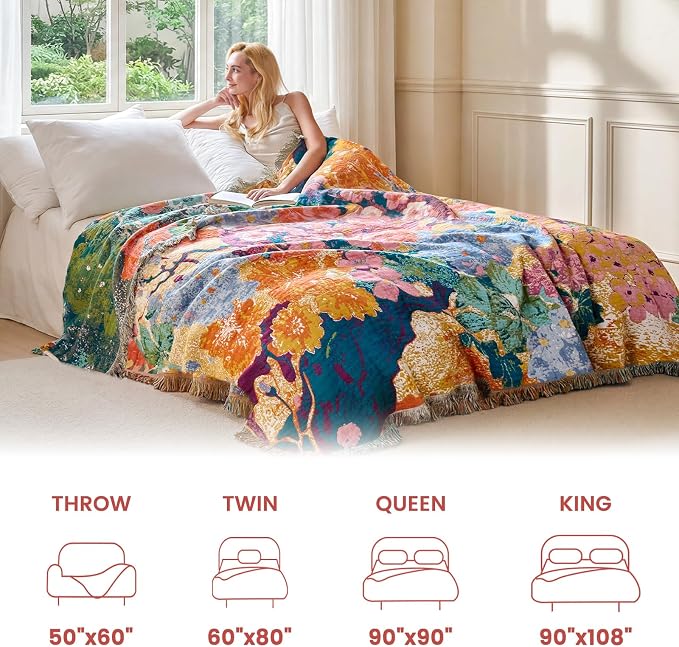 MSGKV Boho Throw Blanket 50"x60" Cotton Floral Blanket for Couch & Sofa | 50"x60" Cotton Floral Throw, Muslin Blanket, Summer Breathable, Farmhouse Decor, All Season Comfort, Machine Washable