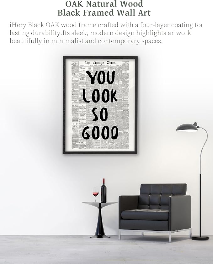 iHery 16x20in You Look So Good Framed Newspaper Inspirational Wall Art | Premium Black OAK Wood Frame with Canvas Print, Vintage Newspaper Decor for Bedroom, Dorm, Vanity Room Living Room, 1Pack