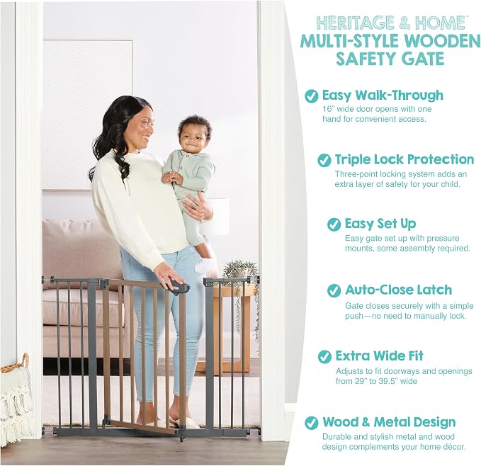 Regalo SAFETY 39" Extra Wide Wood Accent Baby Gate, Pressure Mount for Doorways & Bottom of Stairs, Babies, Toddlers & Pets, Ages 6–24 Months, TESTED & TRUSTED, AMERICAN DESIGNED, FAMILY OWNED