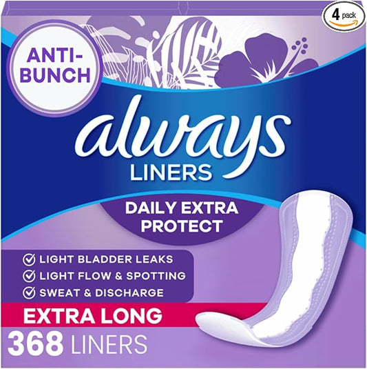 Always Panty Liners for Women Anti-Bunch Xtra Protection Daily Liners, Extra Long, Unscented, 92 Count x 4 (368 total)