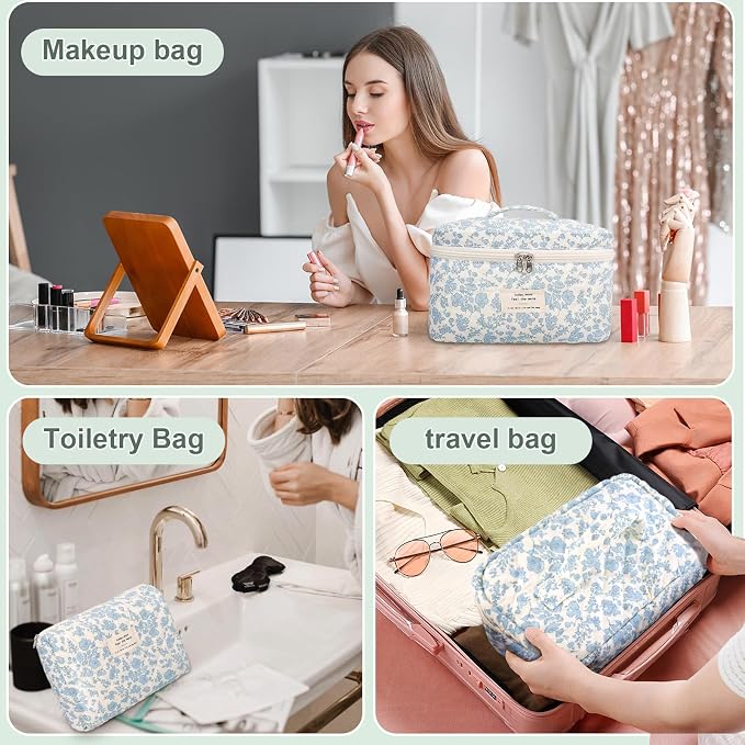 GISMTR 3Pcs Cotton Quilted Makeup Bag Large Travel Cosmetic Bag Coquette Makeup Pouch Cute Aesthetic Floral Toiletry Bag for Women Girls