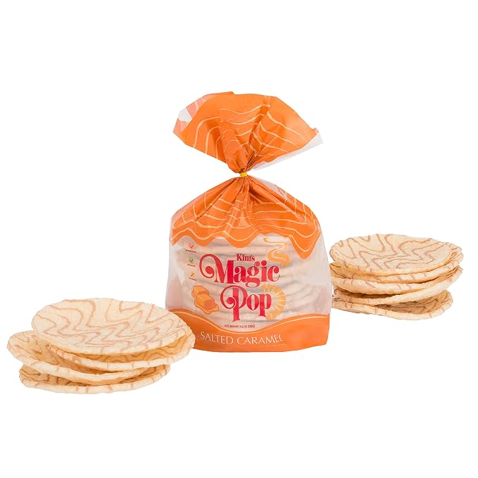 Kim's Magic Pop - Salted Caramel Flavor Drizzled | 12 Bags | 12 Cakes per Bag | Low Carb, No Trans Fat, All Natural, Multigrain Korean Snack | Easy Bread, Chip, Cracker Replacement