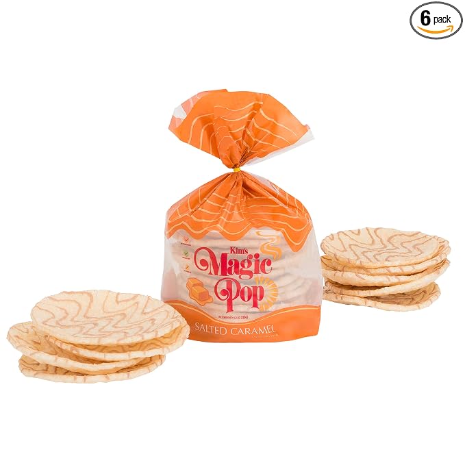Kim's Magic Pop - Salted Caramel Flavor Drizzled | 6 Bags | 12 Cakes per Bag | Low Carb, No Trans Fat, All Natural, Multigrain Korean Snack | Easy Bread, Chip, Cracker Replacement
