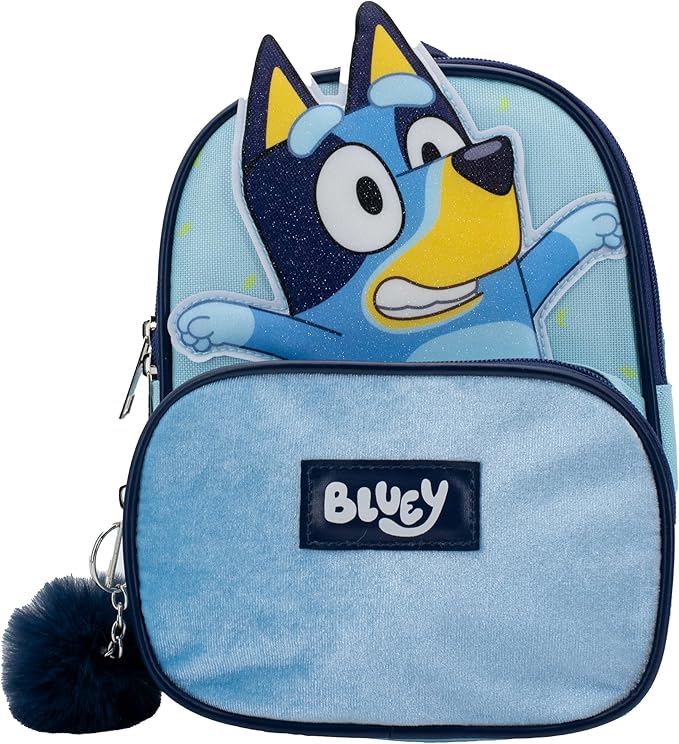 AI ACCESSORY INNOVATIONS Bluey 9” Micro Mini Backpack Purse Featuring a 3D Bluey Glitter Patch with Pom Pom Dangle, Blue