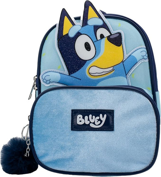 AI ACCESSORY INNOVATIONS Bluey 9” Micro Mini Backpack Purse Featuring a 3D Bluey Glitter Patch with Pom Pom Dangle, Blue