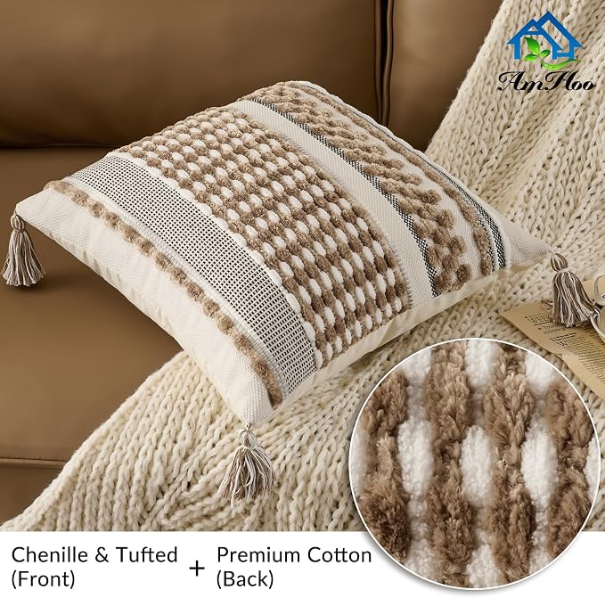 Set of 2 Chenille Striped Textured Boho Throw Pillow Covers Aesthetic with Tassels Woven Decorative Pillow Case for Couch Bed Sofa Bedroom Modern Funky 18 x 18-Inch Taos Taupe