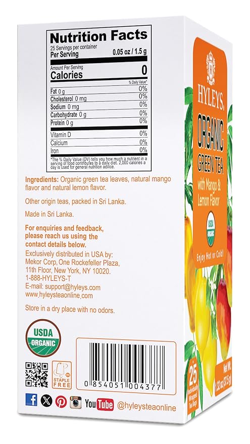HYLEYS Organic Green Tea, Mango and Lemon Flavor - 25 Individually Wrapped Tea Bags - USDA Organic - Kosher & Vegan
