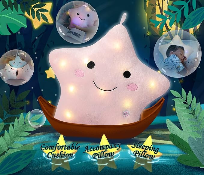 DearSun Set of 2pcs, 13'' Creative Twinkle Star Colorful Night Light Plush Pillows Light up Night Stuffed Toys Perfect for Birthday Christmas Holiday Valentines(Yellow+Pink)