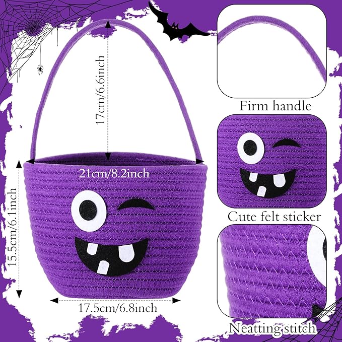 Halloween Trick or Treat Basket with Handle Cute Bucket Cotton Rope Woven Candy Bag Pumpkin Witch Cat Pig Storage Basket for Halloween Party Favor (Purple,Witch)