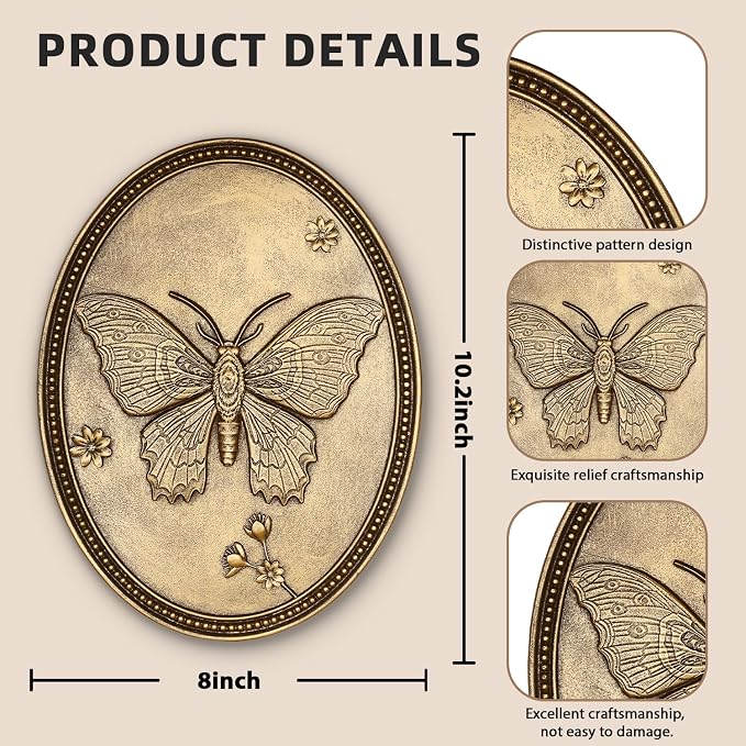 Vintage Butterfly Wall Sculpture, Antique Wall Decor, Gold Wall Art, Hanging Decoration with Embossed Butterfly Design, Vintage Decoration for Living Room Bedroom and Hallway, Housewarming Gift