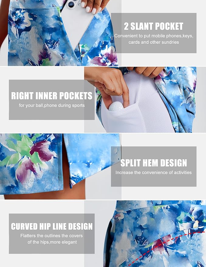 PINSPARK 20" Skorts for Woman Knee Length UPF 50+ Golf Skirts | 4 Pockets, Built-in Shorts, High Waisted, Split Hem, Silky-smooth, Moisture-wicking, for Golf Athletic Tennis Workout Casual