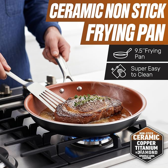 Gotham Steel 9.5 Inch Copper Non Stick Frying Pans Skillet | Ceramic Non Toxic Coating Made Without PFOA/PTFE/PFOS, Lightweight, Stay Cool Handle, Oven and Dishwasher Safe