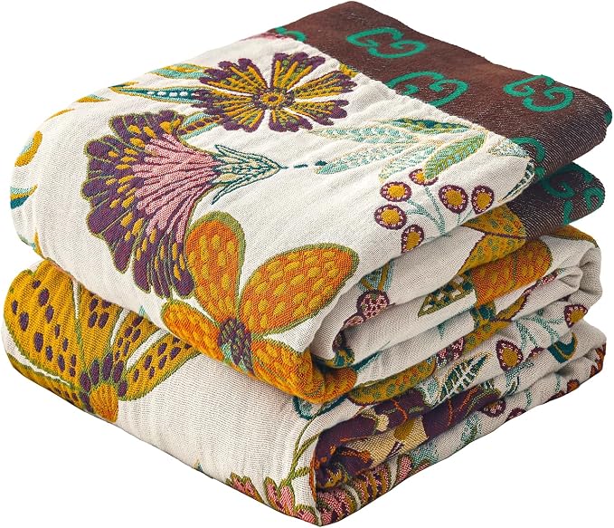 VANJOROY Queen Boho Throw Blanket for Bed, 100% Cotton Muslin Soft Throw-Floral Farmhouse Rustic Decor Blanket for Couch Sofa Quilt and Gift, 80" x 90"-BeigeWhite