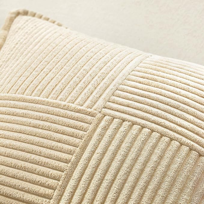 MIULEE Decorative Throw Pillow Covers for Couch 16x16 Inch Cream 2 Pack | Boho Broadside Striped Patchwork Pillow Covers, Soft Corduroy Cushion Cases, For Sofa Bed Livingroom Home Decor