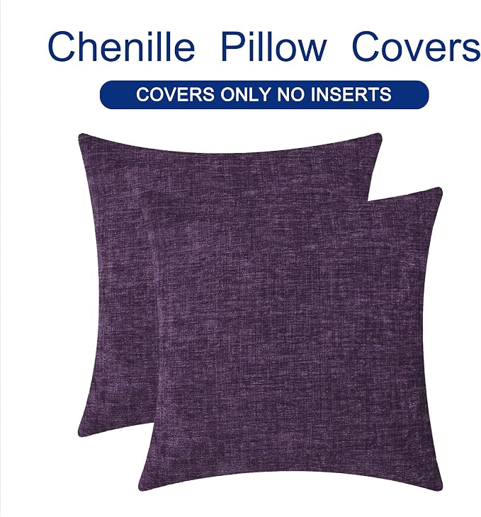 CaliTime Decorative Couch Throw Pillow Covers 20 X 20 Inches Plum Purple | Pack of 2, Cozy Chenille Cushion Cases for Sofa Bed Living Room Farmhouse Home