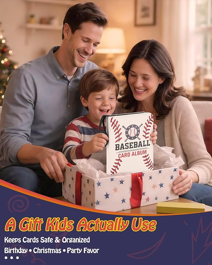 Best baseball card binder 4-Pocket holds 480 cards, 120 pages side-loading, PU leather zip waterproof cover, acid-free pages, for home storage & card shows, baseball cars binder, gift kids boys girls!