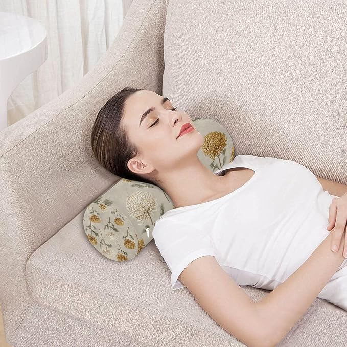 Beige Vintage Chrysanthemum Neck Roll Pillow Bolster Round Health Memory Foam Long Cervical Cylinder Pillows with Removable Washable Cover for Body Bed Legs Back Yoga