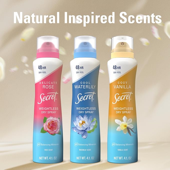 Secret Dry Spray Antiperspirant Deodorant for Women, 48hr Weightless Sweat & Odor Protection, Gentle on Skin, Delicate Rose Scent, 4.1 oz (Pack of 3)