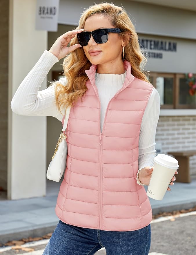 MAGCOMSEN Women's Puffer Vest Lightweight Stand Collar Zip 4 Pockets Puffy Vests Sleeveless Quilted Padded Outerwear