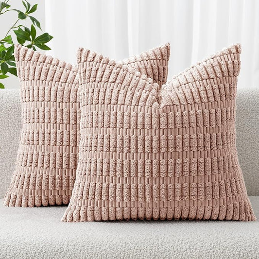 MIULEE Corduroy Decorative Throw Pillow Covers 18x18 Pink Pack of 2 | Soft Boho Striped Pillow Covers Modern Farmhouse Home Decor For Sofa Living Room Couch Bed