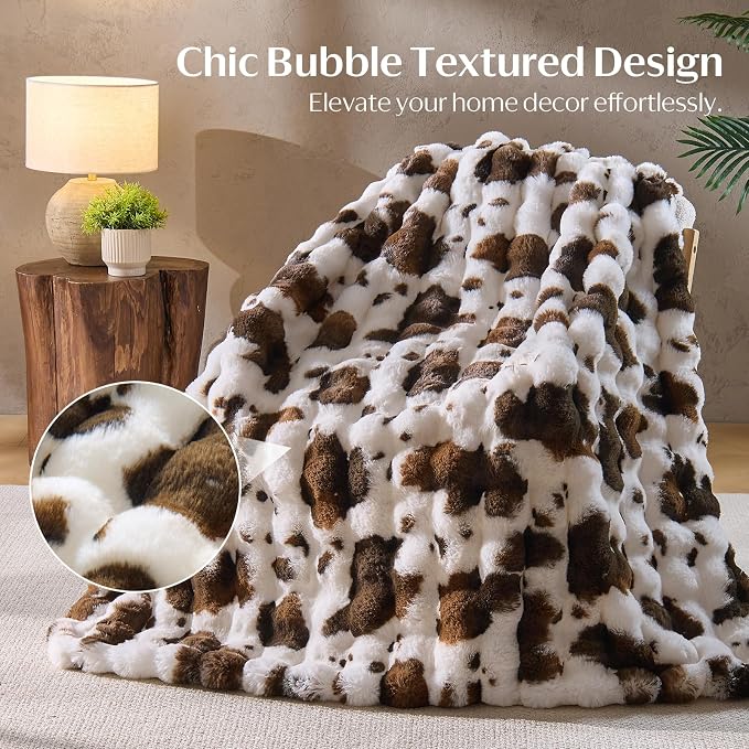 DOWNCOOL Faux Fur Throw Blanket for Couch, Ultra Soft Fluffy Fuzzy Plush Bubble Blanket for Sofa Bedroom Living Room, Cozy Warm Luxury Fleece Minky Blanket, 50x60 Inches Cow Print-Brown