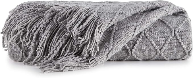 BOURINA Light Grey Throw Blanket 50x60 Inch Knitted Soft Throw Sofa Blanket | Knitted Throw Blanket 50x60 Inches, Soft Lightweight Boho Weave Throw Decorative Couch Blanket for Living Room Bedroom Chair
