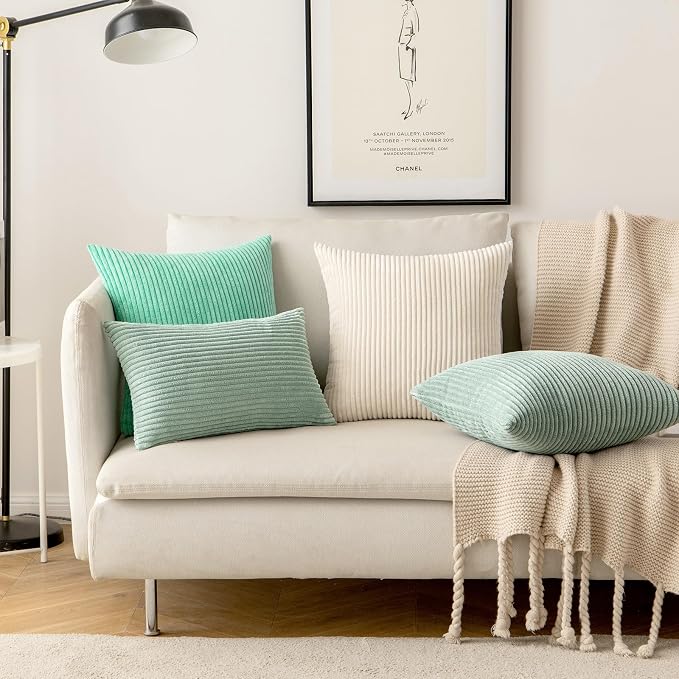 MIULEE Soft Corduroy Throw Pillow Covers Set of 2 20x20 Greyish Green | Decorative Striped Textured Cushion Cases, Boho Natural Greenery Pillowcases, Home Decor for Couch Chair Sofa Living Room