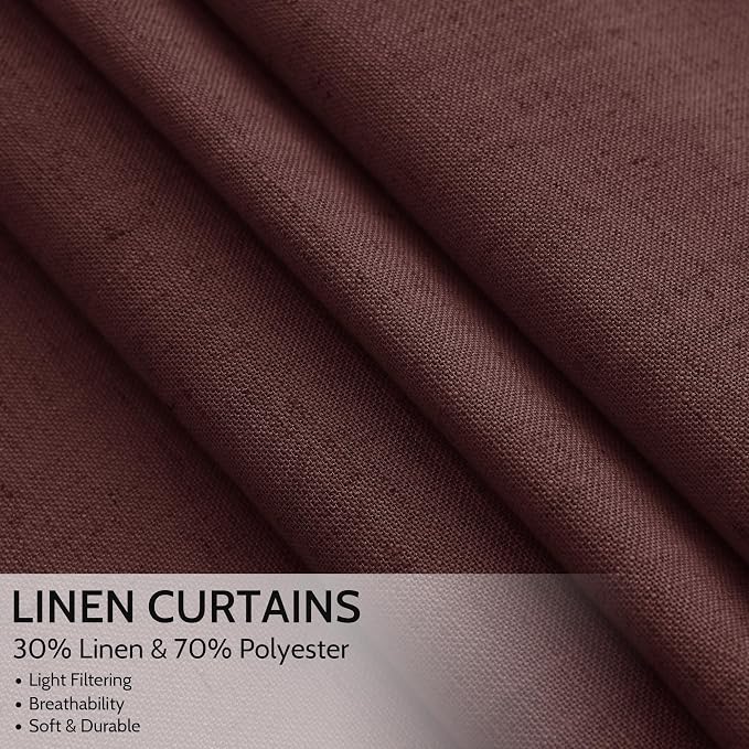 Reddish Brown Linen Curtains 90 Inch Long 2 Panels Set for Bedroom Living Room, Soft Linen Textured Window Drapes Semi Sheer Light Filtering Rod Pocket Back Tab Morden Style 52x90