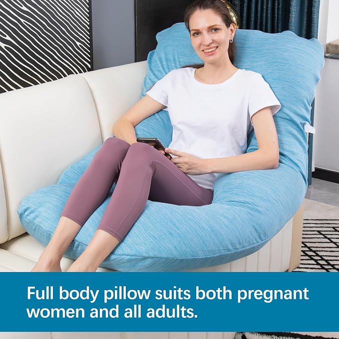 MOON PINE Pregnancy Pillow, U Shaped Full Body Pillow for Maternity Support, Sleeping Pillow with Cover for Pregnant Women (Light Blue)